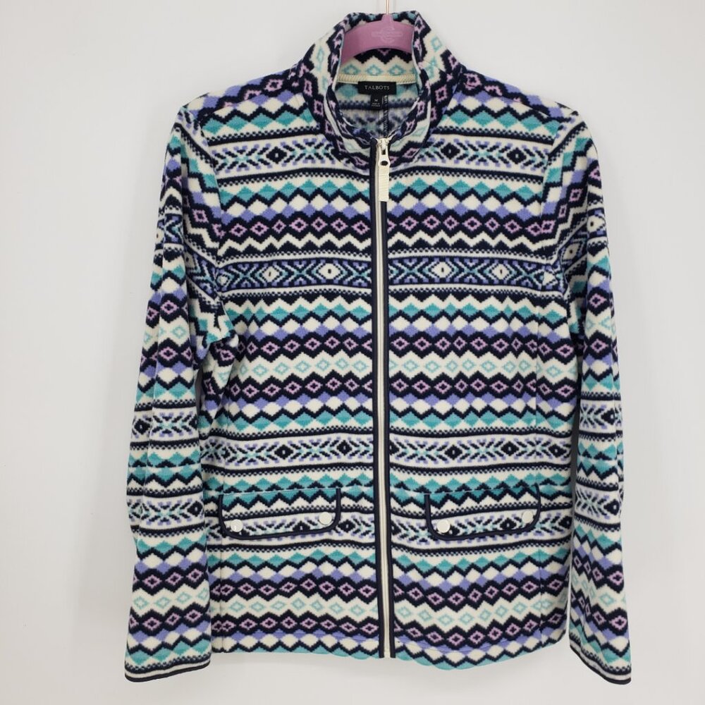 Talbots Fair Isle Print Full Zip Up Fleece Jacket M Womens Teal Blue Purple